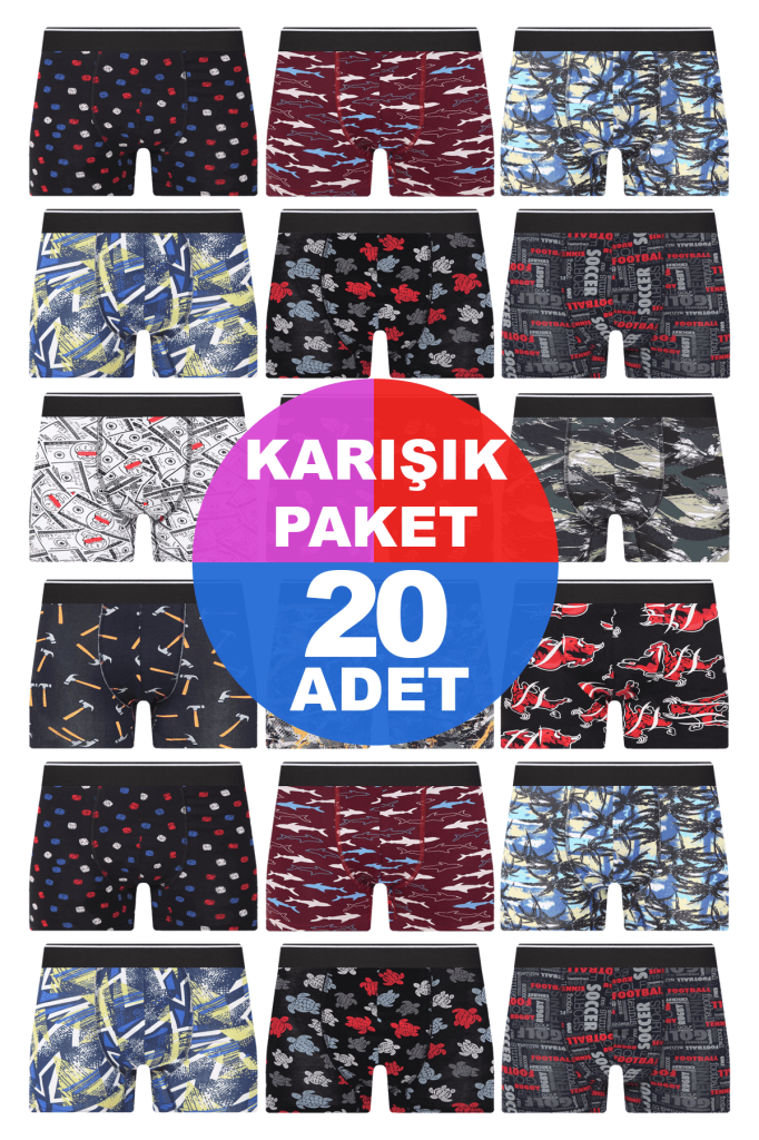 Erkek 20 Adet Rastgele Sürpriz Desenli Boxer - Özel Gizemli Paketinde Sürpriz Boxer