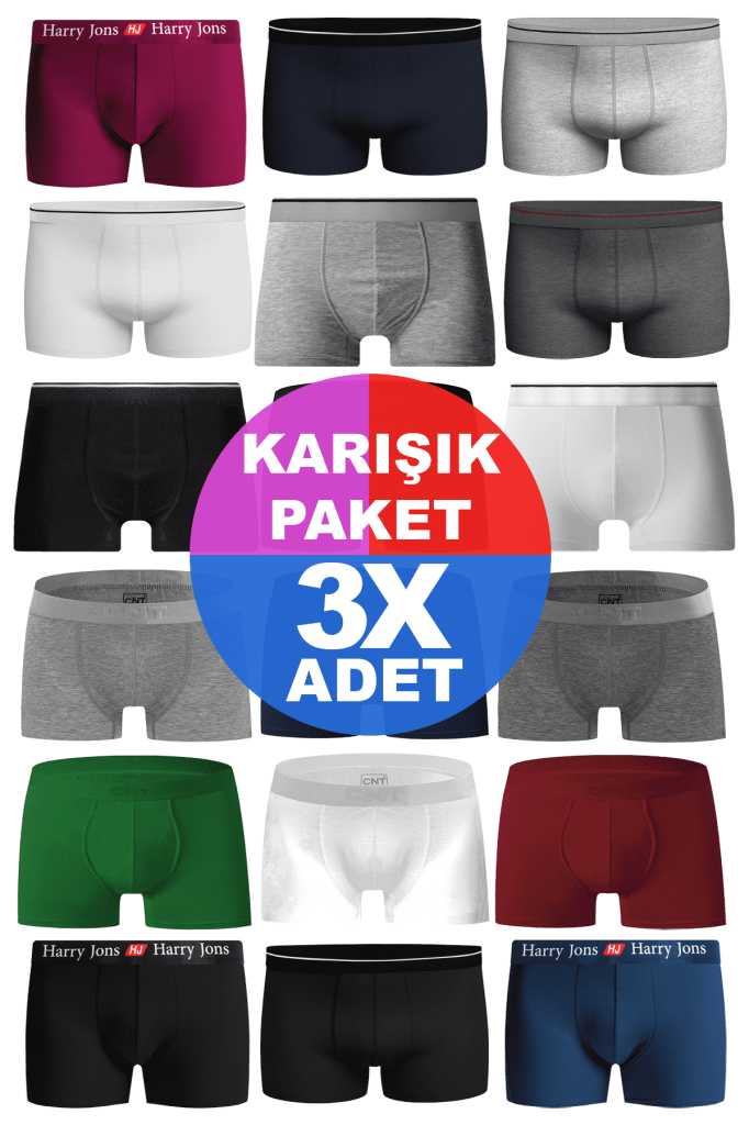 Erkek 3 Adet Rastgele Sürpriz Düz Renk Pamuklu Boxer - Özel Gizemli Paketinde Sürpriz Boxer