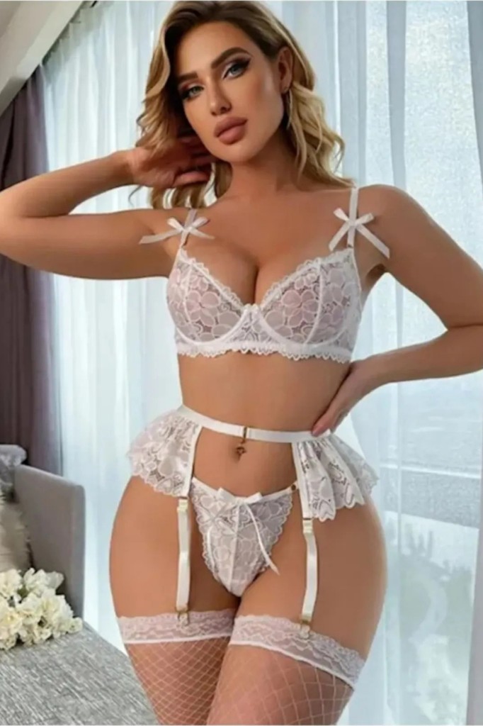 Kadın Seksi Beyaz Bacak Bantlı Jartiyer Takım