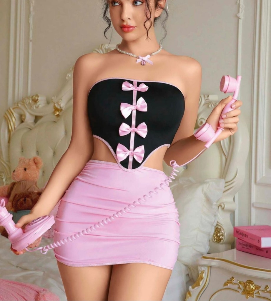 Kadın Siyah Pembe Kurdele Detaylı Fantezi Mini Gecelik Takım