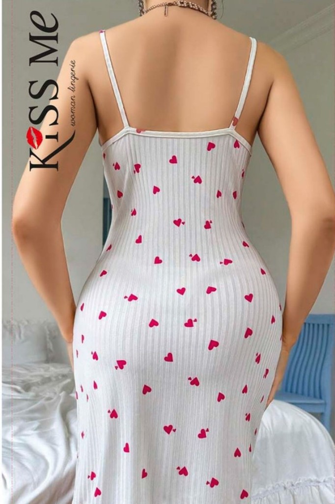 Kalp Desenli Askılı Kadın Gecelik